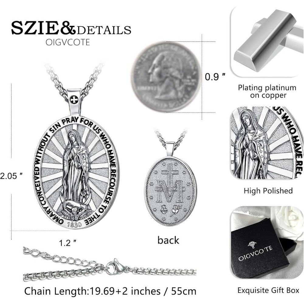 Virgin Mary Patron Saint Necklace Silver Oval Medallion with Bible Verses - Picture 2 of 9